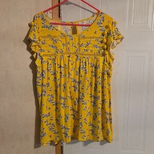 crown & ivy Yellow Floral Crochet Yoke Pom Sleeve Blouse